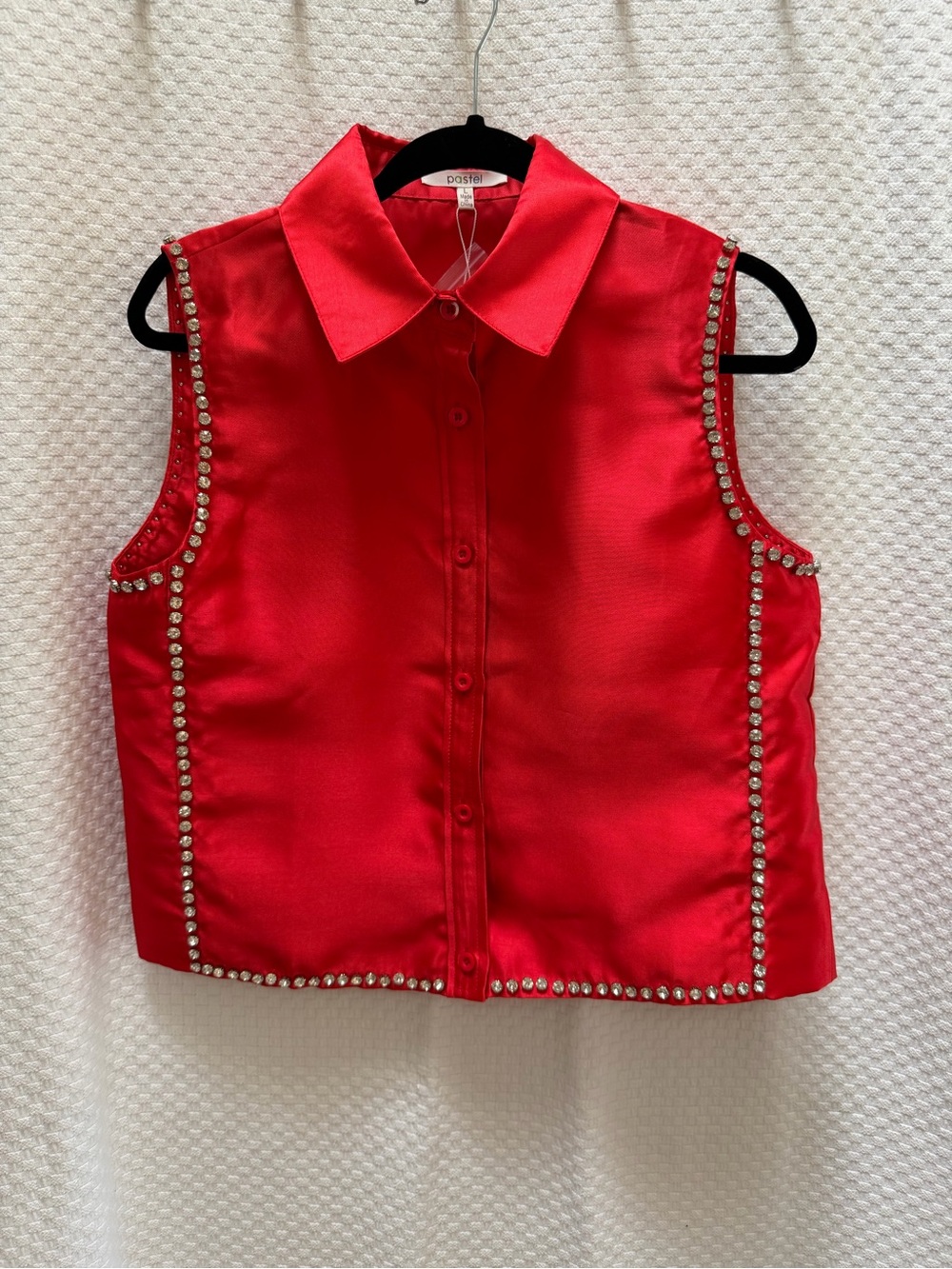 Pastels Red Satin Sleeveless Button-Front Top with Rhinestone Trim.